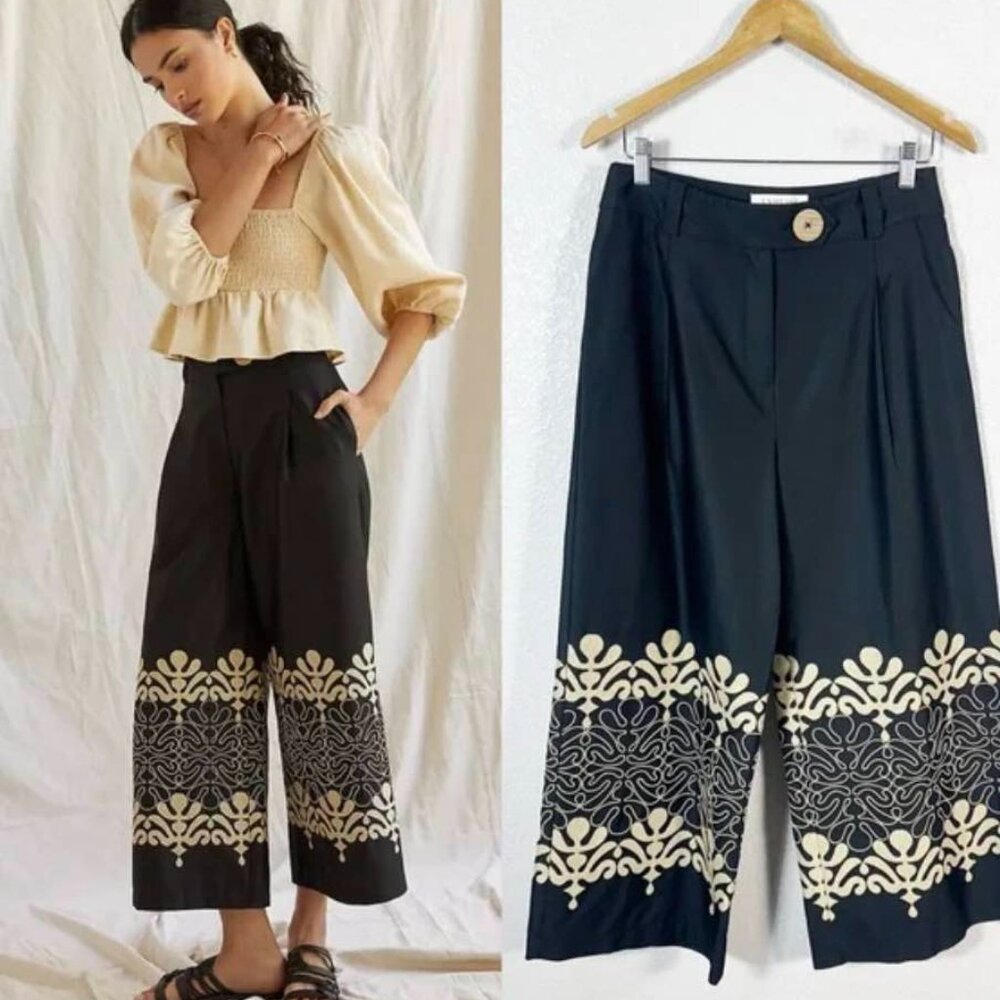 Exquise by Anthropologie Womens Abstract Embroidered Wide Leg Pants in Black XL